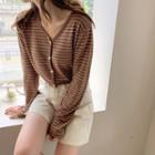 V-neck Button-front Striped T-shirt Brown - One Size