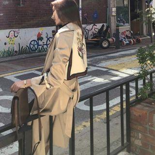 Floral Contrast-panel Long Trench Coat Brown - One Size
