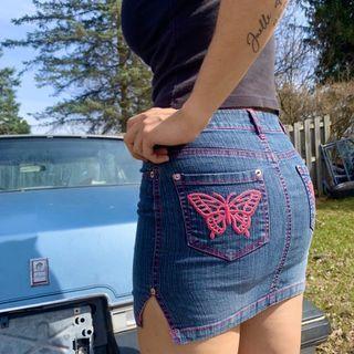 Butterfly Print Denim Mini Pencil Skirt