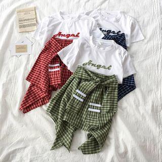 Short-sleeve Lettering T-shirt + Drawstring Plaid Striped Skirt