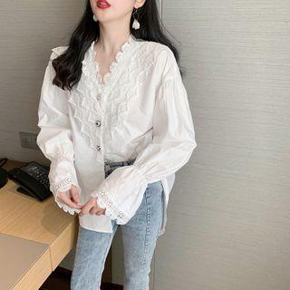 Lace-trim V-neck Loose Shirt White - One Size