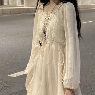 Long-sleeve Plain Cardigan Cardigan - Almond - One Size
