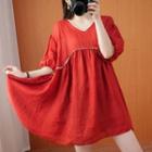 Elbow-sleeve A-line Dress Red - One Size
