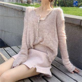 Set: V-neck Single-breasted Knit Jacket + Plain Slited Skirt