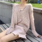 Set: V-neck Single-breasted Knit Jacket + Plain Slited Skirt