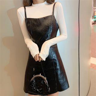 Long-sleeve T-shirt / Spaghetti Strap Faux Leather Mini A-line Dress
