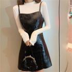 Long-sleeve T-shirt / Spaghetti Strap Faux Leather Mini A-line Dress