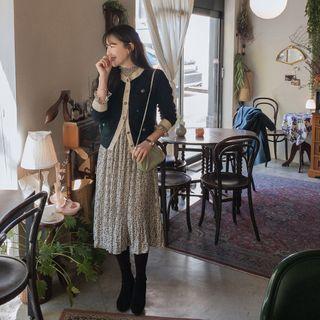 Floral Print Pleated Dress Black - One Size