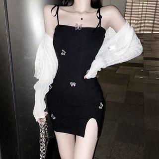 Spaghetti Strap Embroidered Mini Sheath Dress Black - One Size