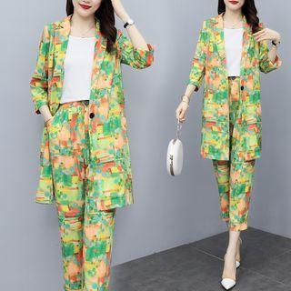Set: 3/4-sleeve Print Blazer + Straight Leg Cropped Pants