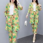 Set: 3/4-sleeve Print Blazer + Straight Leg Cropped Pants