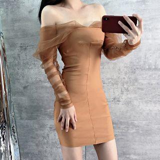 Long-sleeve Mesh Off-shoulder Mini Bodycon Dress