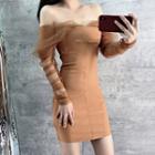 Long-sleeve Mesh Off-shoulder Mini Bodycon Dress