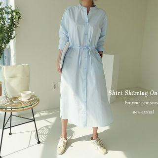 Mandarin-collar Drawcord Long Shirtdress