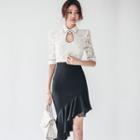 Set: Keyhole Front Lace Blouse + Asymmetric Midi Skirt