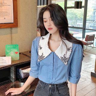 Embroidered Collar Elbow-sleeve Pintuck Blouse