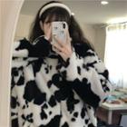 Furry Cow Print Padded Coat Black & White - One Size