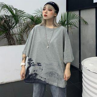 Couple Matching Elbow-sleeve Crane Print T-shirt