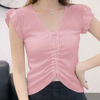 Sleeveless Frill Trim Drawstring Knit Top