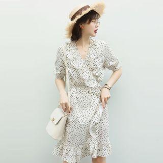 Short-sleeve Frill-trim Dotted Midi Dress