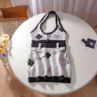 Argyle Knit Cropped Halter Top / Mini Pencil Skirt