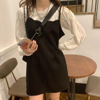 Spaghetti Strap Plain Mini Dress / Mesh Blouse