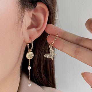 Butterfly Rhinestone Asymmetrical Faux Pearl Dangle Earring 1 Pair - Non-matching Butterfly Earrings - Gold - One Size