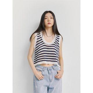 Stripe Cropped Open Knit Vest Navy Blue - One Size