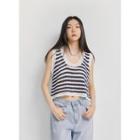 Stripe Cropped Open Knit Vest Navy Blue - One Size