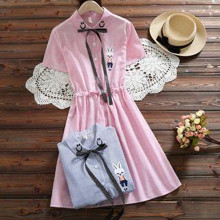 Rabbit Embroidered Striped Short Sleeve Dress