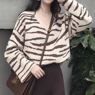 Zebra-print Knitted V-neck Sweater As Shown In Figure - One Size
