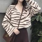 Zebra-print Knitted V-neck Sweater As Shown In Figure - One Size