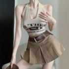 Halter Neck Lettering Tank Top / Pleated Mini A-line Skirt