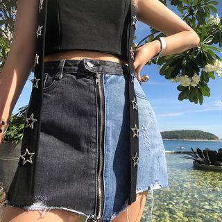 Color Block Denim A-line Skirt