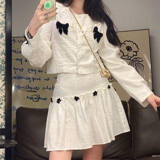 Long-sleeve Embossed Bow Jacket / Mini Skirt