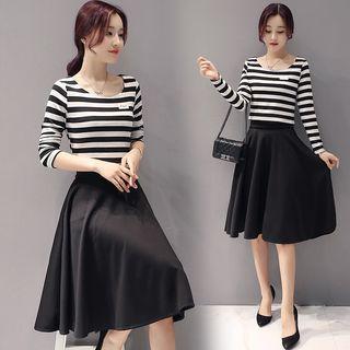 Set: Long-sleeve Striped T-shirt + A-line Skirt