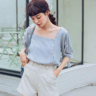Elbow-sleeve Square Neck Chiffon Blouse