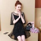 Elbow-sleeve Glitter Mesh A-line Dress