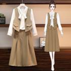 Set: Long-sleeve Ribbon Accent Blouse + A-line Skirt + Vest