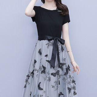 Mock Two-piece Short-sleeve Mesh Panel A-line Dress
