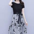 Mock Two-piece Short-sleeve Mesh Panel A-line Dress
