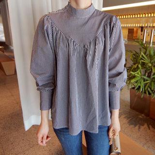 Mock-neck Button-trim Gingham Top