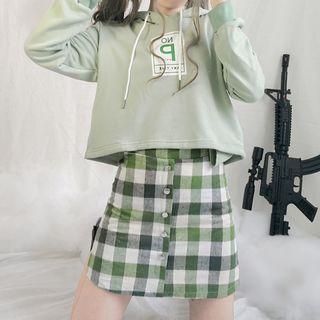 Lettering Hoodie / Plaid Mini A-line Skirt / Scarf