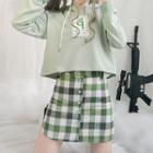 Lettering Hoodie / Plaid Mini A-line Skirt / Scarf