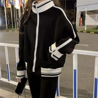 Stand-collar Contrast Trim Long-sleeve Baseball Jacket