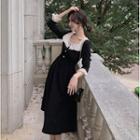 Square-neck Two-tone Panel Midi A-line Dress