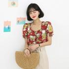 Drawstring-front Floral Cropped Top