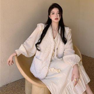 Lantern-sleeve Midi A-line Dress / Open-front Fleece Vest