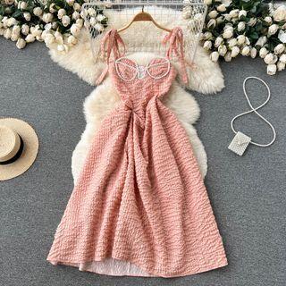 Spaghetti-strap Beaded Midi A-line Dress