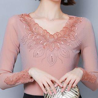 Embroidered Mesh Panel T-shirt
